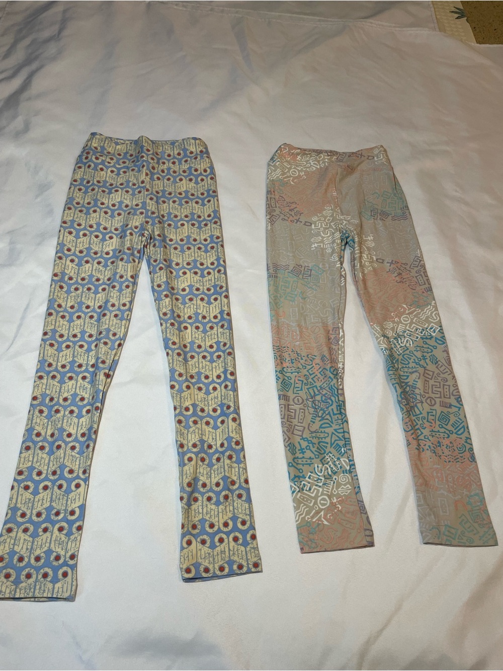 LuLaRoe Kids Leggings Set - Blue, Tan, Teal, Blush, Red Accents, Youth Size L/XL